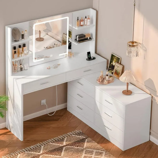 With LED Lighted Mirror & Power Outlet, Modern Corner Makeup Vanity Table, Dressing